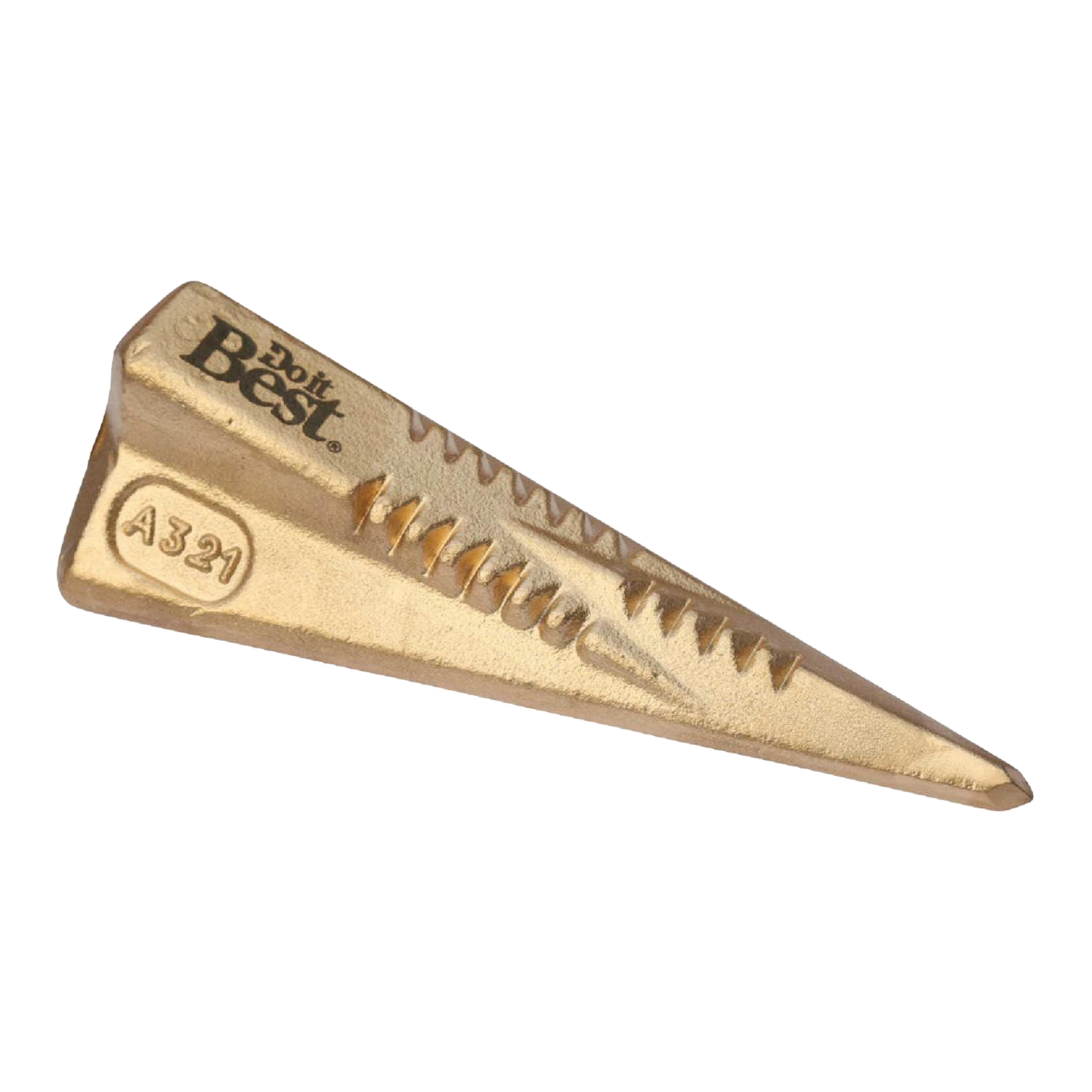 Brass-colored diamond wedge with textured splitting surfaces for effective wood splitting in woodworking hand tools.