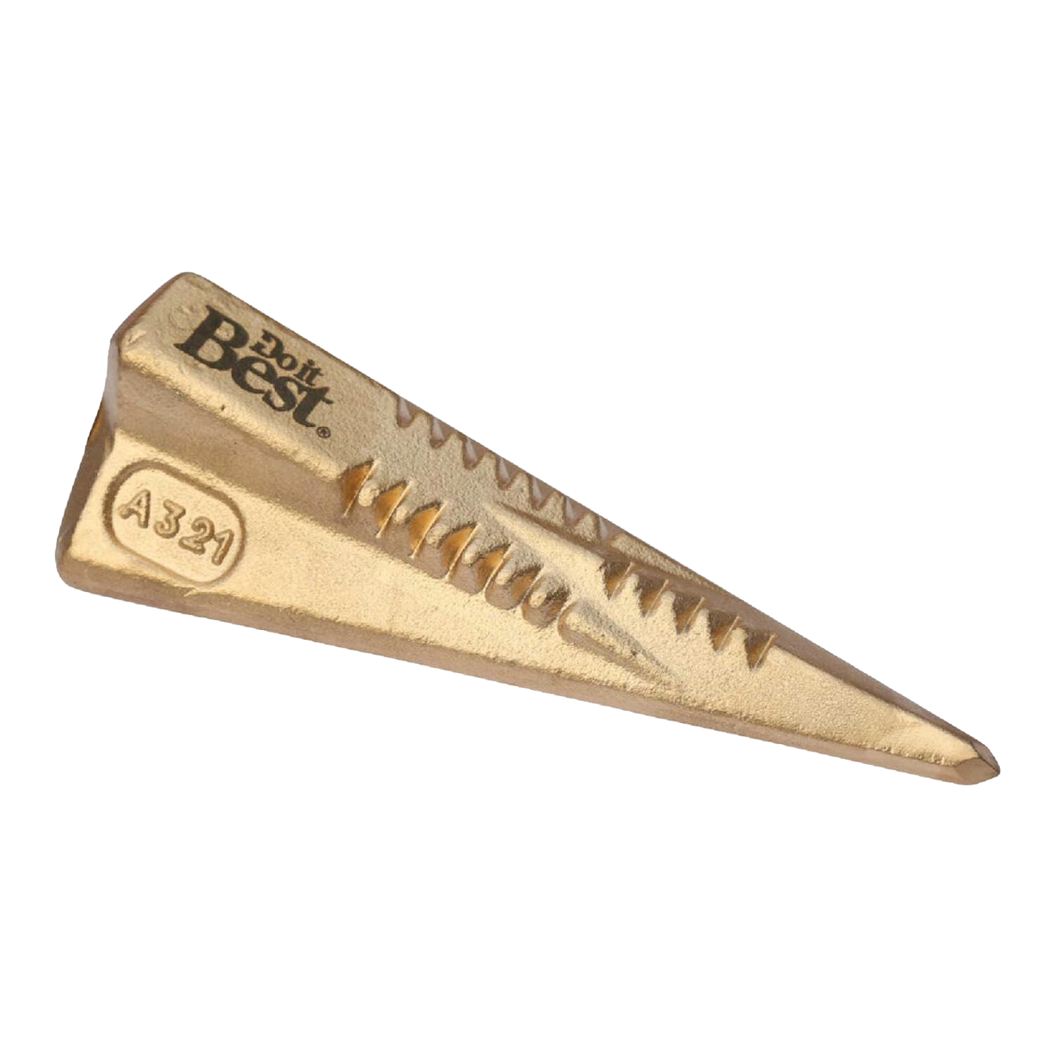 Brass-colored diamond wedge with textured splitting surfaces for effective wood splitting in woodworking hand tools.
