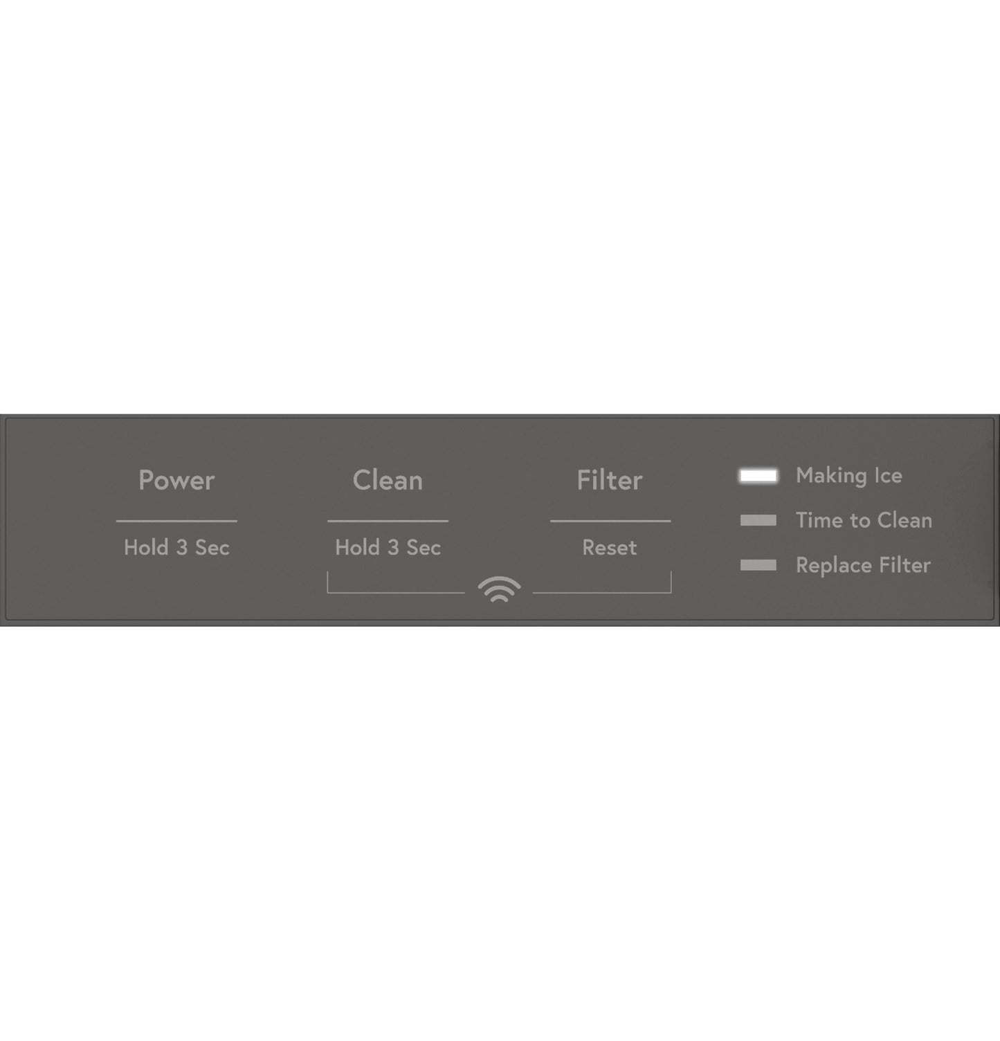 Control panel interface with power, clean, and filter functions plus indicator lights for ice status in kitchen appliances.