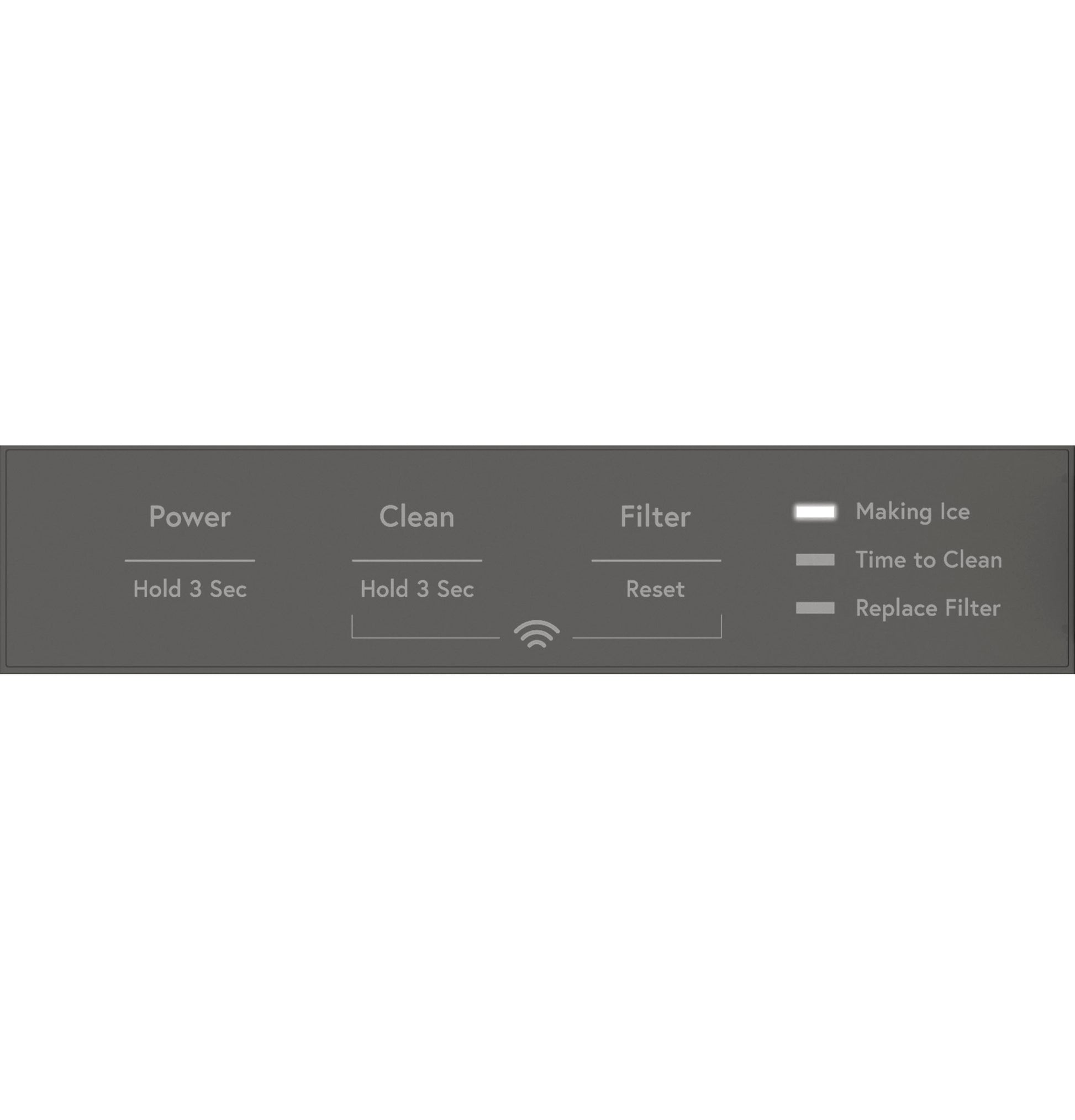 Control panel interface with power, clean, and filter functions plus indicator lights for ice status in kitchen appliances.