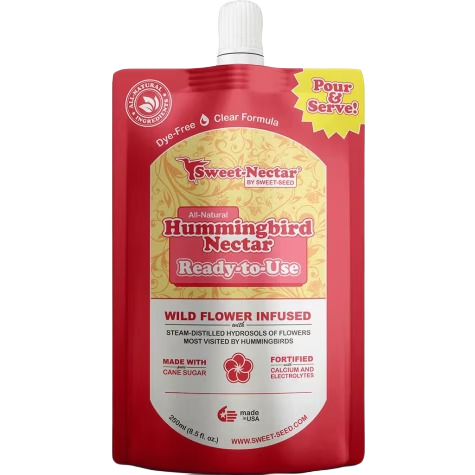 Flexible red pouch of ready-to-use hummingbird nectar with clear formula and pour spout for outdoor feeding