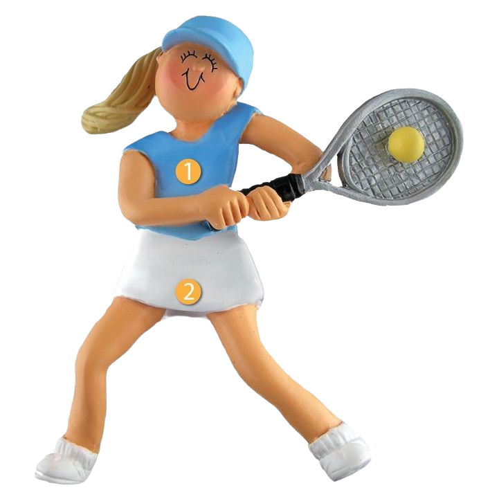 Blonde female tennis player ornament in blue and white outfit with racket and ball for Christmas tree decoration under $50