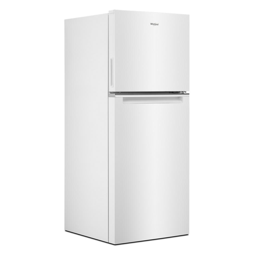 White Whirlpool top-freezer refrigerator with minimalist handles, designed for small space kitchens in appliance collections