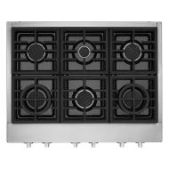 Stainless steel 36-inch gas cooktop with six burners and heavy-duty black cast iron grates from KitchenAid collection