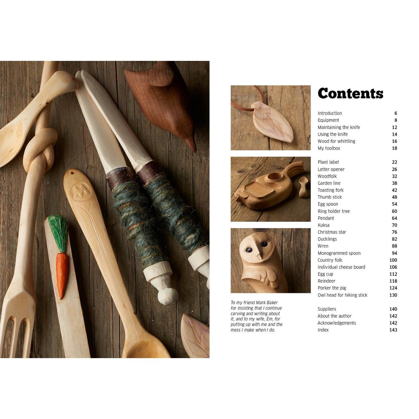 Wood carving tools and handcrafted wooden utensils displayed alongside a how-to whittling book in Books and How-to collections under $25