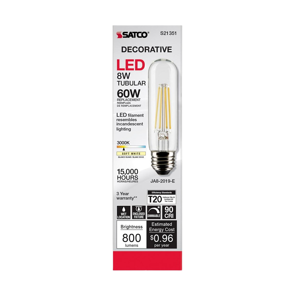 Satco 8 watt tubular LED light bulb with clear glass and warm white 3000K color for lighting and home improvement under $50 collections