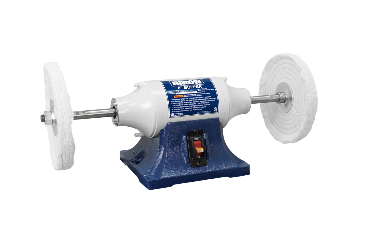 Bench buffer with dual white polishing wheels and blue base for tools and home improvement projects