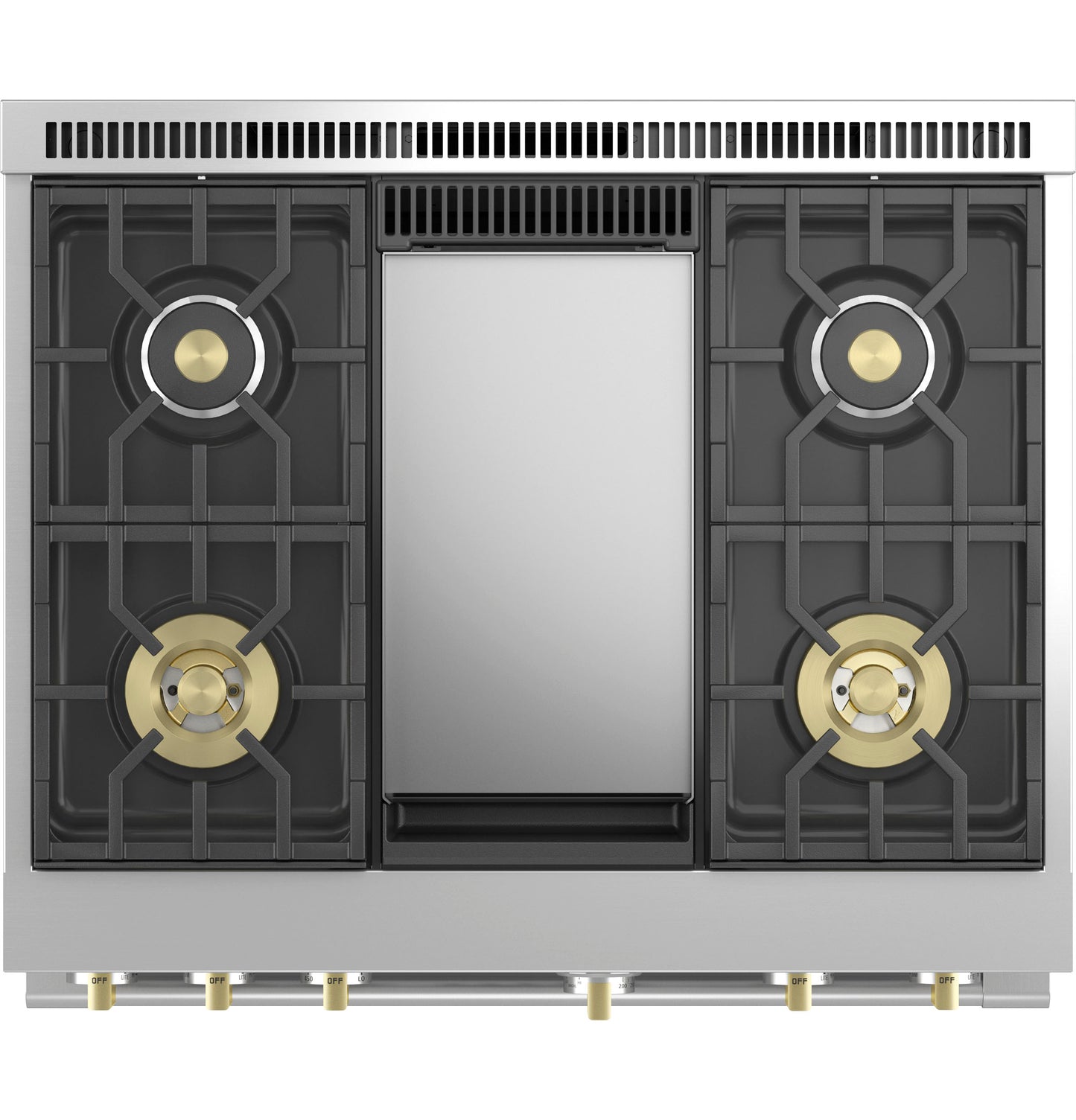Top view of stainless steel gas range with four burners and central griddle in Ranges & Kitchenware collection