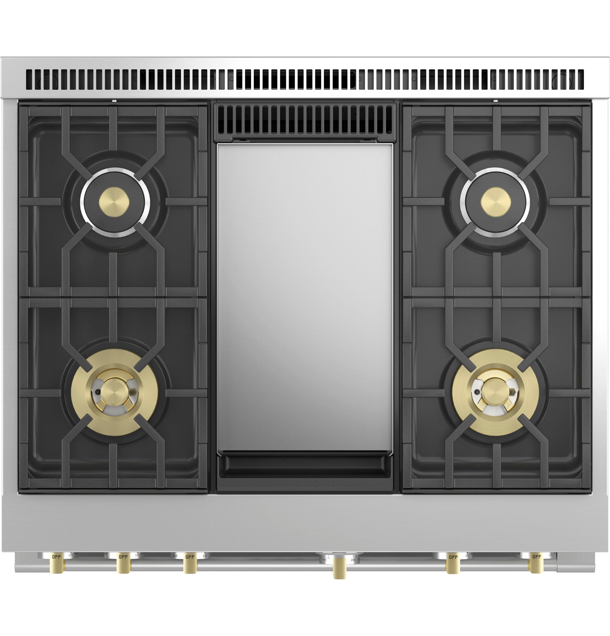 Top view of stainless steel gas range with four burners and central griddle in Ranges & Kitchenware collection