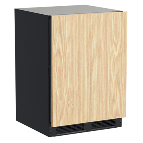 Undercounter freezer with high capacity, featuring wood finish front panel and black vented base in appliances collection