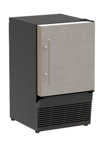 Compact stainless steel low profile ice machine with black vent and vertical handle for kitchen appliances collections