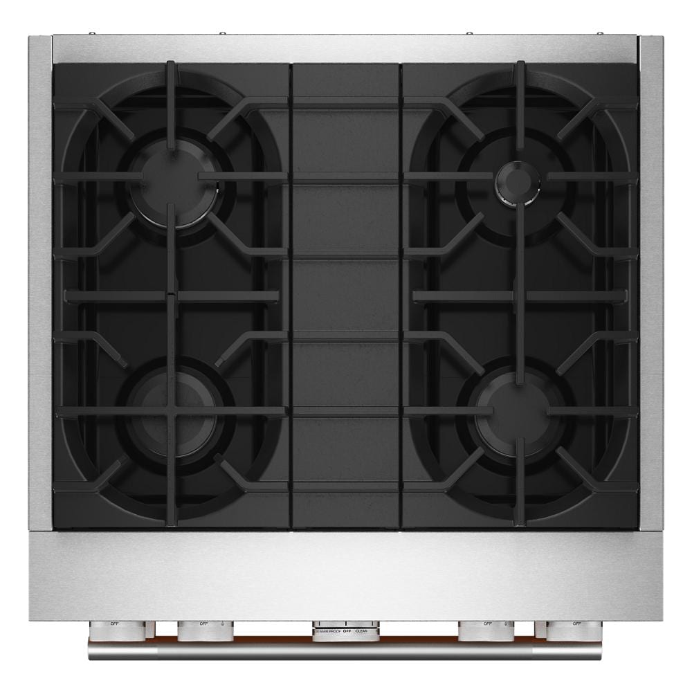 Top view of stainless steel 30-inch dual fuel cooktop with four burners from KitchenAid ranges collection