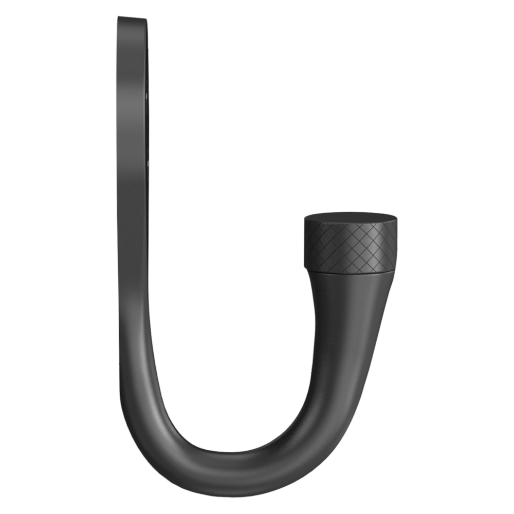 Matte black knurled hook with a curved design for hanging items in storage and organization under $50