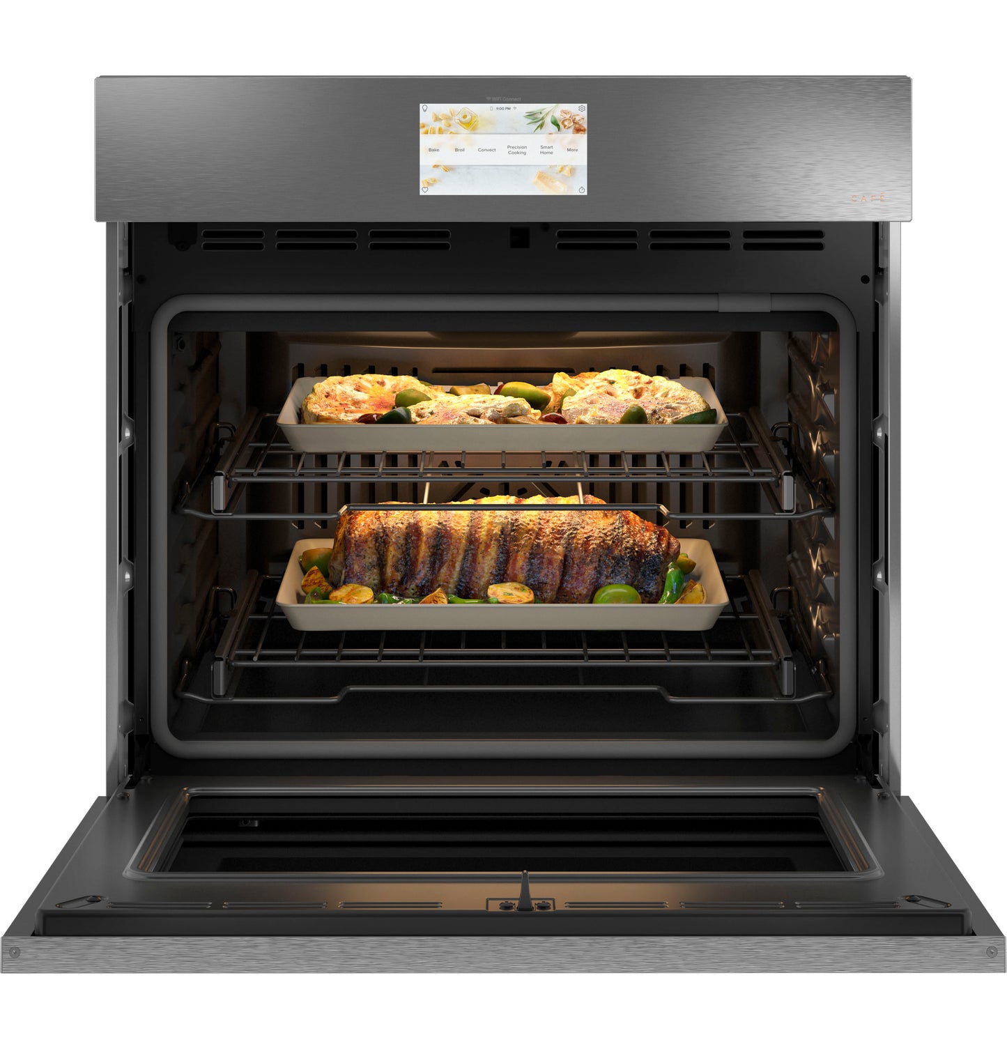 Open smart built-in convection single wall oven in platinum glass with two racks cooking poultry and meat dishes from kitchen appliances collection