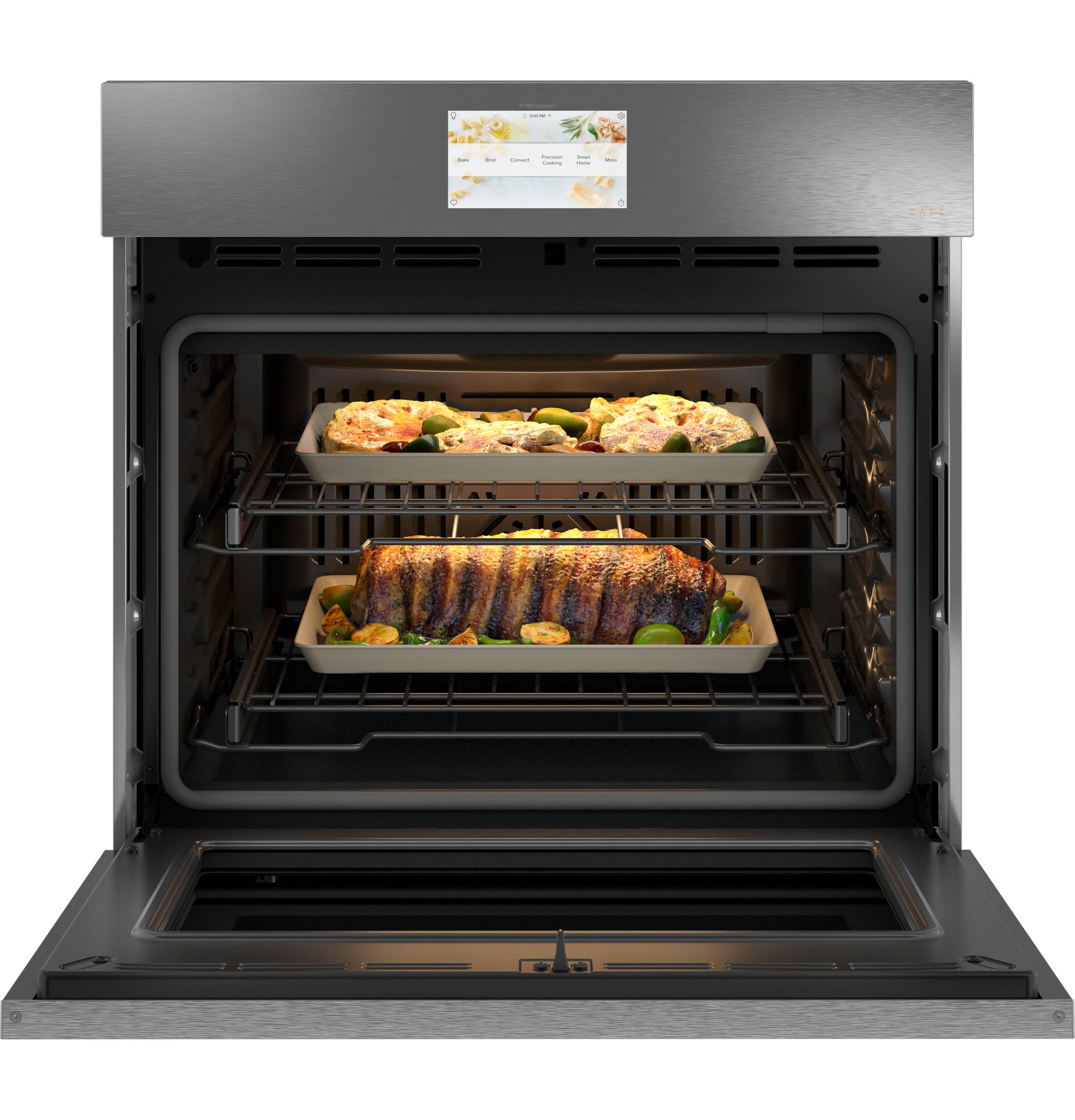 Open smart built-in convection single wall oven in platinum glass with two racks cooking poultry and meat dishes from kitchen appliances collection