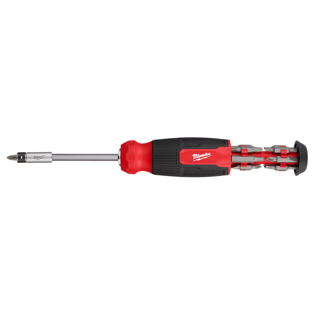 Red and black multi-bit screwdriver with ergonomic grip and extendable bit storage for versatile home improvement tasks