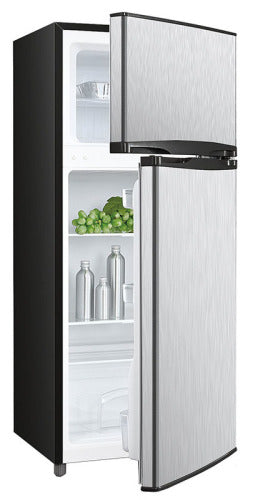 Compact two-door refrigerator in stainless steel finish with adjustable shelves for kitchen and appliance collections.