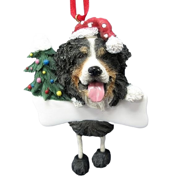 Festive Bernese Mountain Dog ornament with dangling legs and Christmas tree, holiday décor under $50 collection