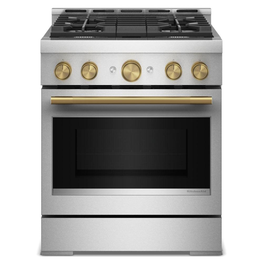 Front view of stainless steel 30-inch commercial-style gas range with gold-tone knobs and handle from Kitchen & Kitchenware collections
