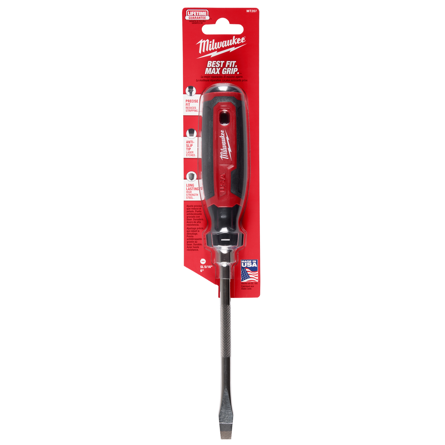 Red and black cushion grip screwdriver with 6-inch shank and 5/16-inch slotted tip for tools and home improvement tasks