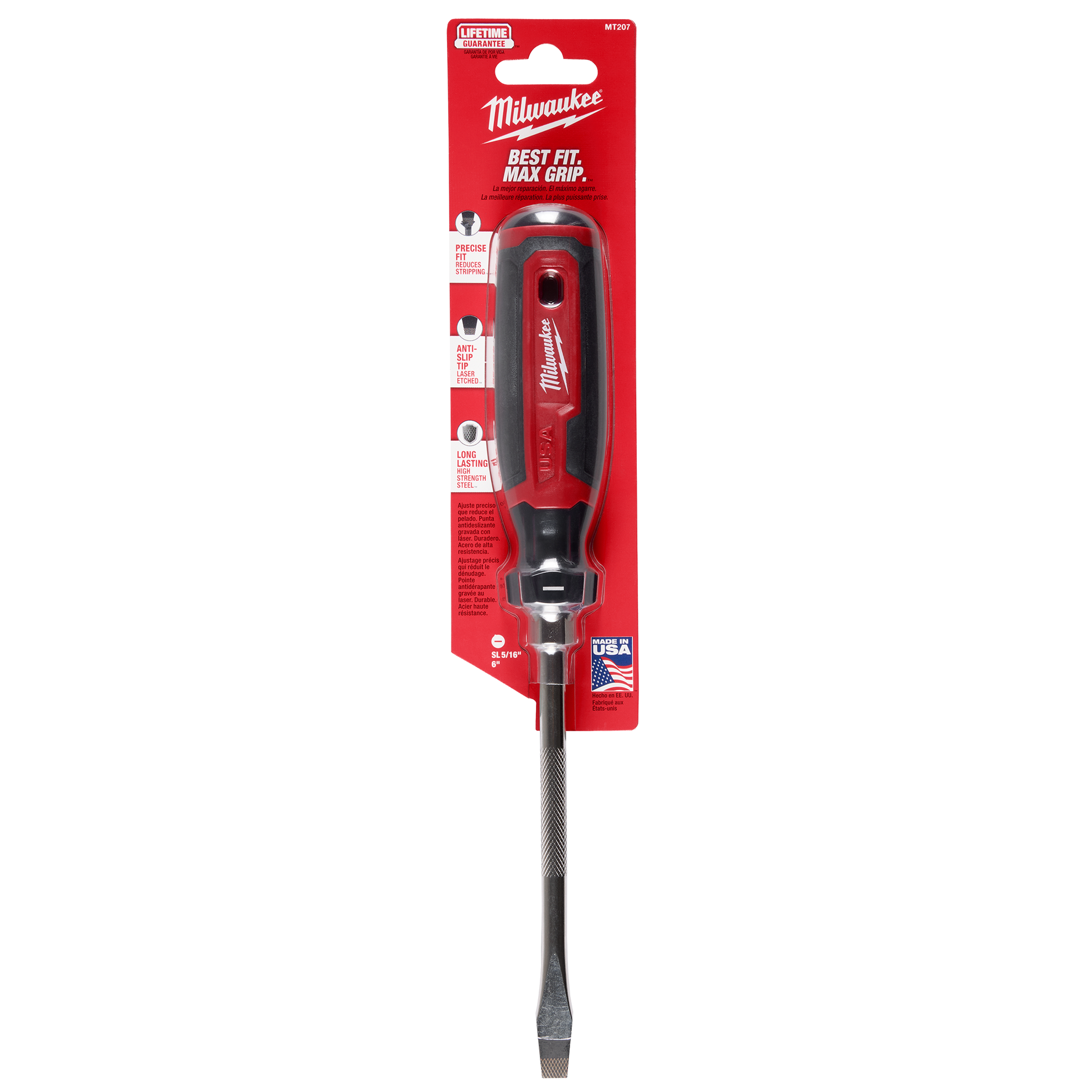Red and black cushion grip screwdriver with 6-inch shank and 5/16-inch slotted tip for tools and home improvement tasks
