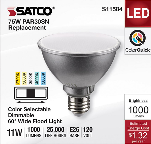 Silver PAR30SN LED light bulb with medium base, 11W, 60-degree flood beam for lighting and home improvement tasks