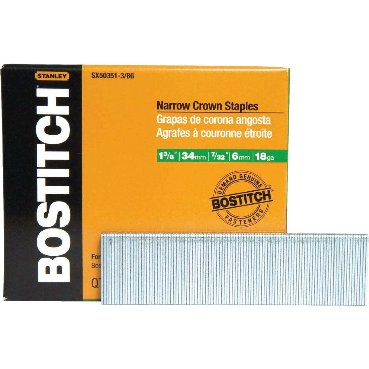 Pack of narrow crown staples with 1 3/8 inch length and 18 gauge for use in pneumatic staplers in hardware and fasteners collections