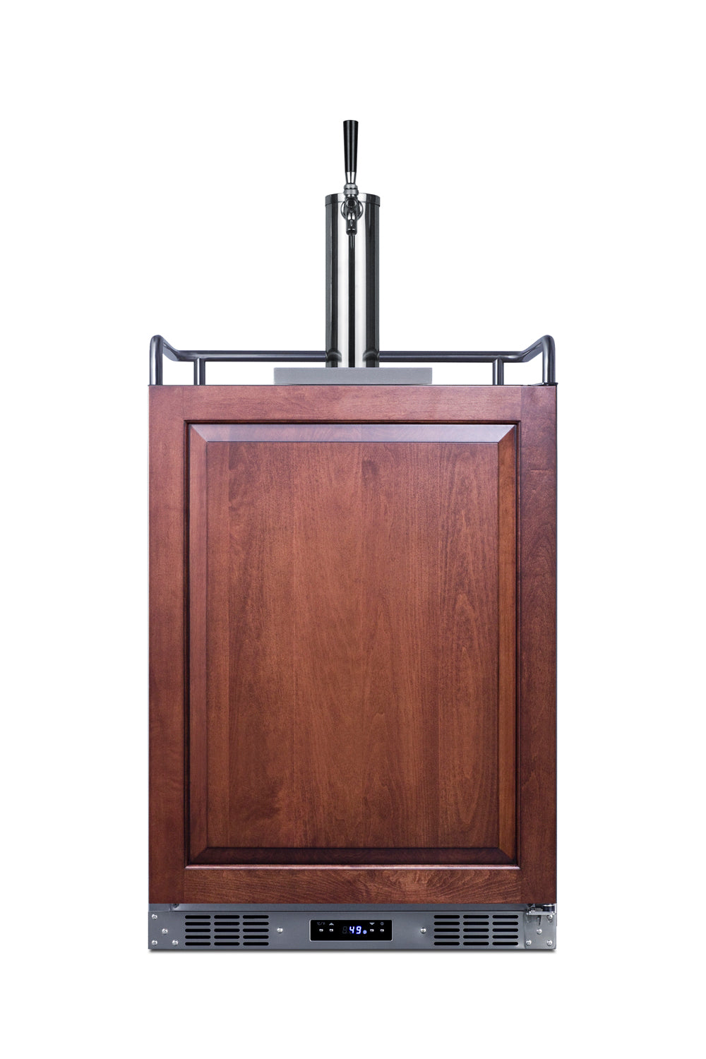 Built-in kegerator with wood panel door, stainless steel draft tower, and digital temperature display in modern kitchen setting
