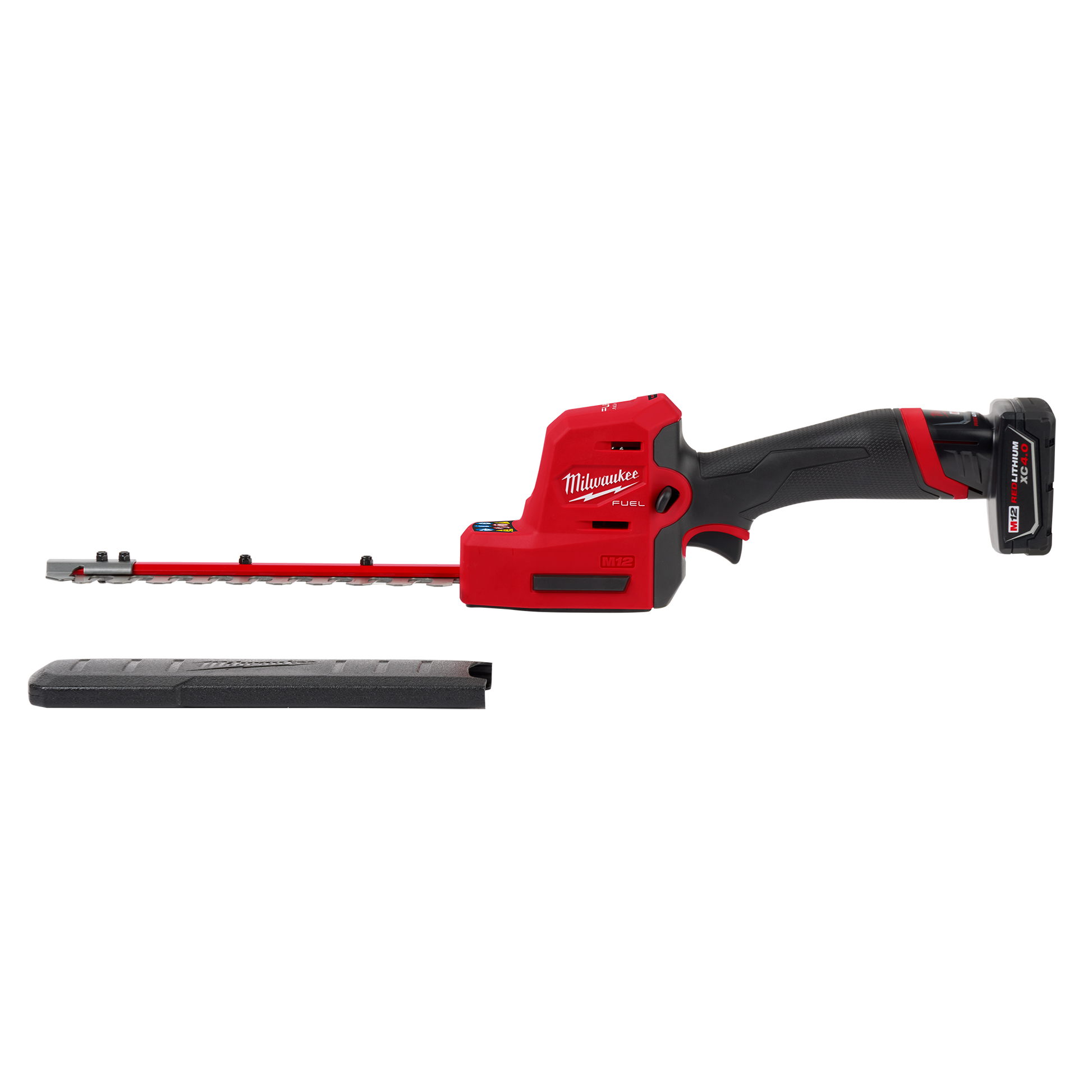 Red and black cordless hedge trimmer with battery attached and protective blade cover for tools and home improvement tasks