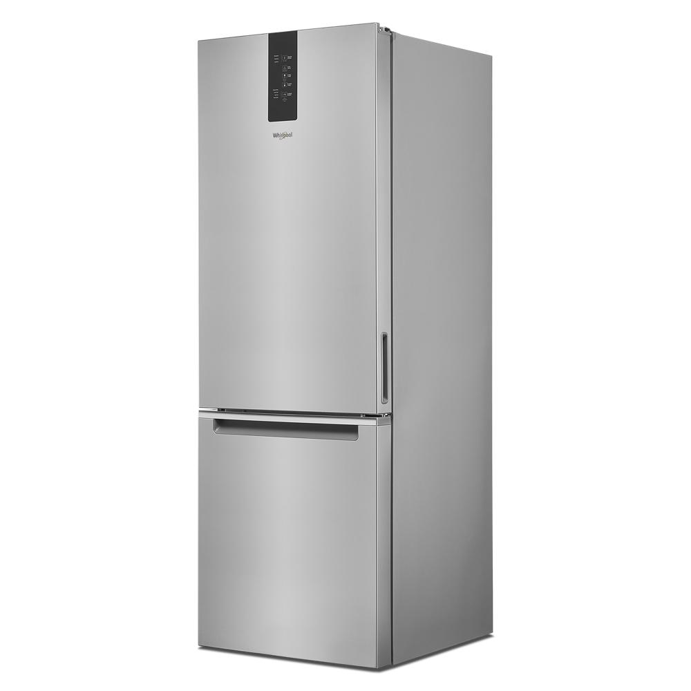 Garage-ready bottom-freezer refrigerator in stainless steel with digital controls for kitchen and home improvement use
