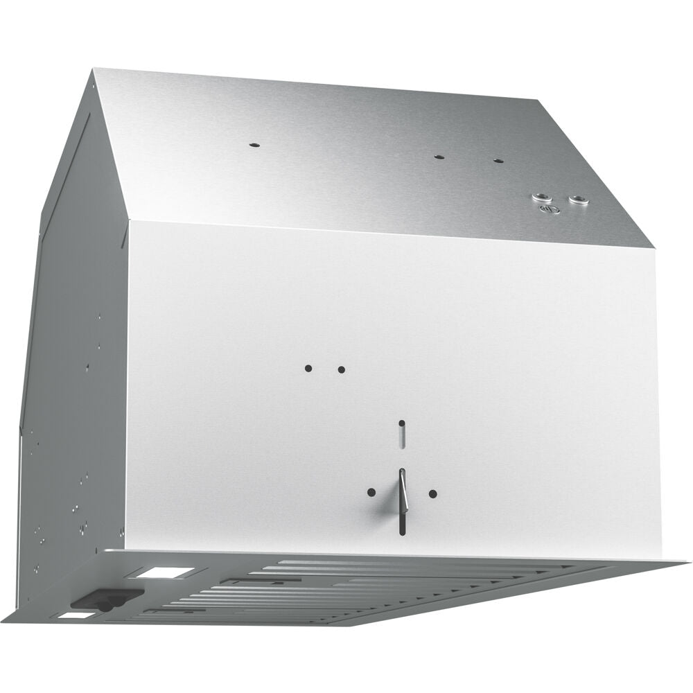 Stainless steel 34-inch insert hood with hybrid baffle filters and LED lighting for kitchen ventilation and appliances.