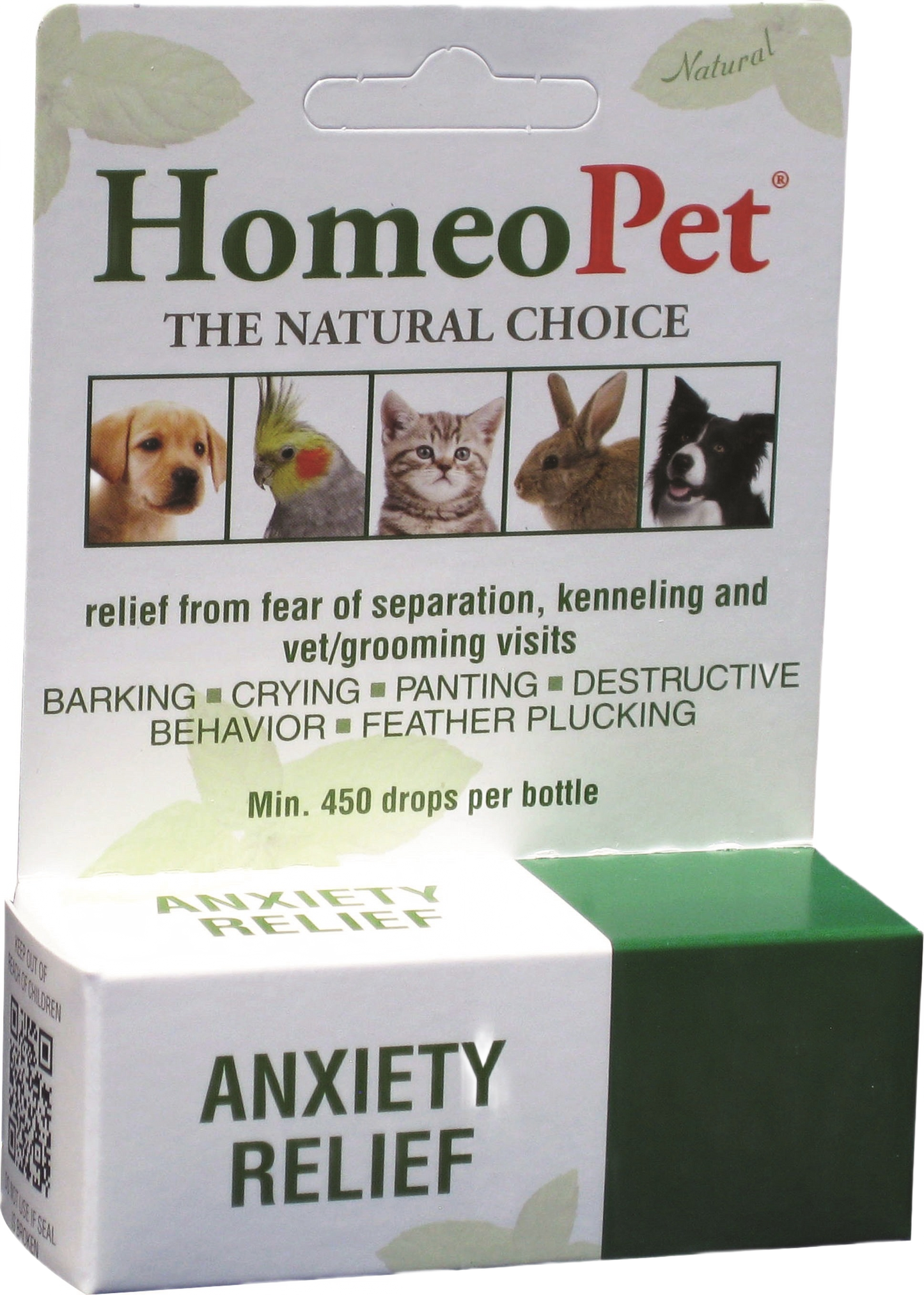 Homeopet Anxiety Relief supplement box showing natural pet remedy for calmness in dogs, cats, birds, and rabbits