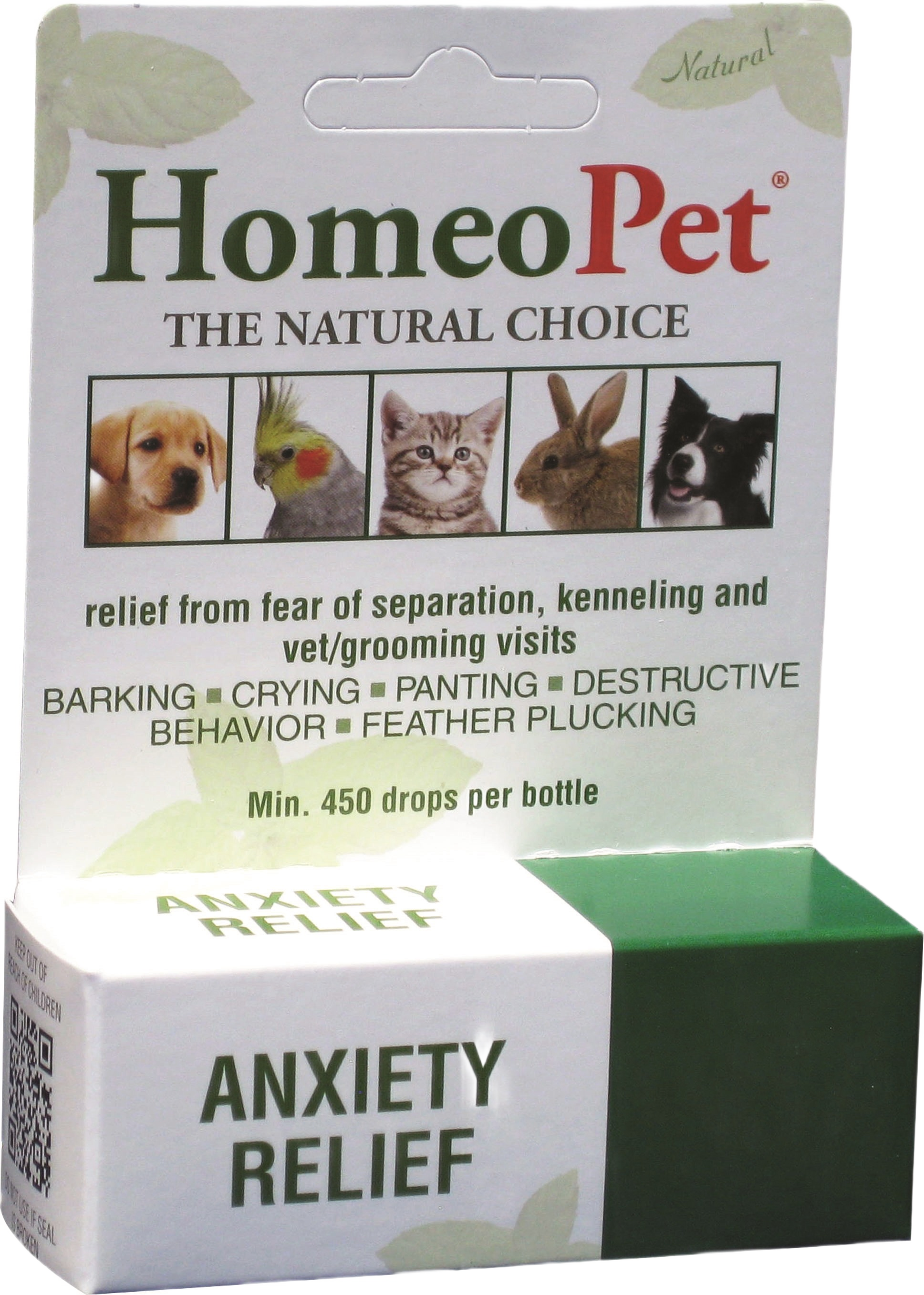 Homeopet Anxiety Relief supplement box showing natural pet remedy for calmness in dogs, cats, birds, and rabbits
