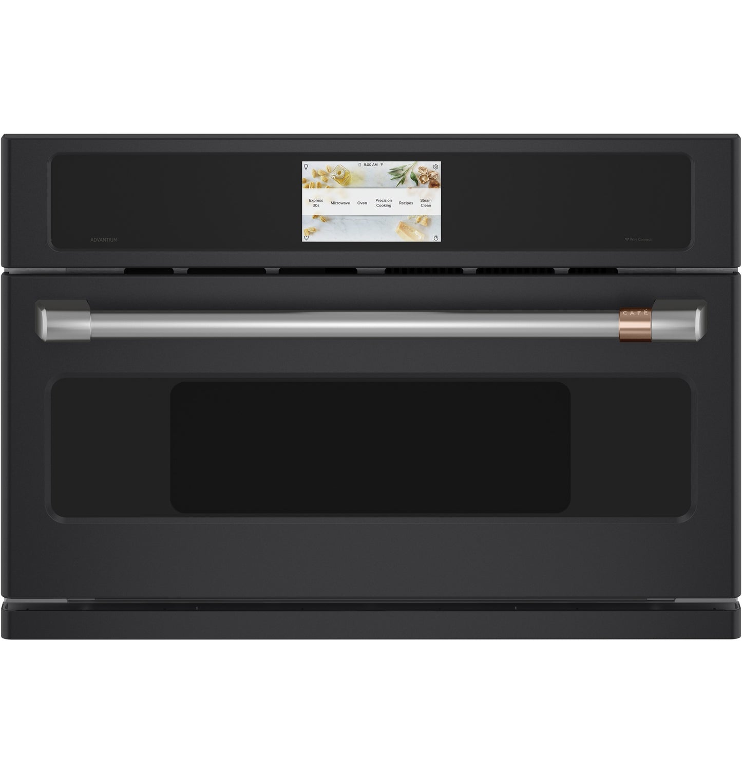 Black single wall oven with touchscreen control panel and stainless steel handle in kitchen appliances collection