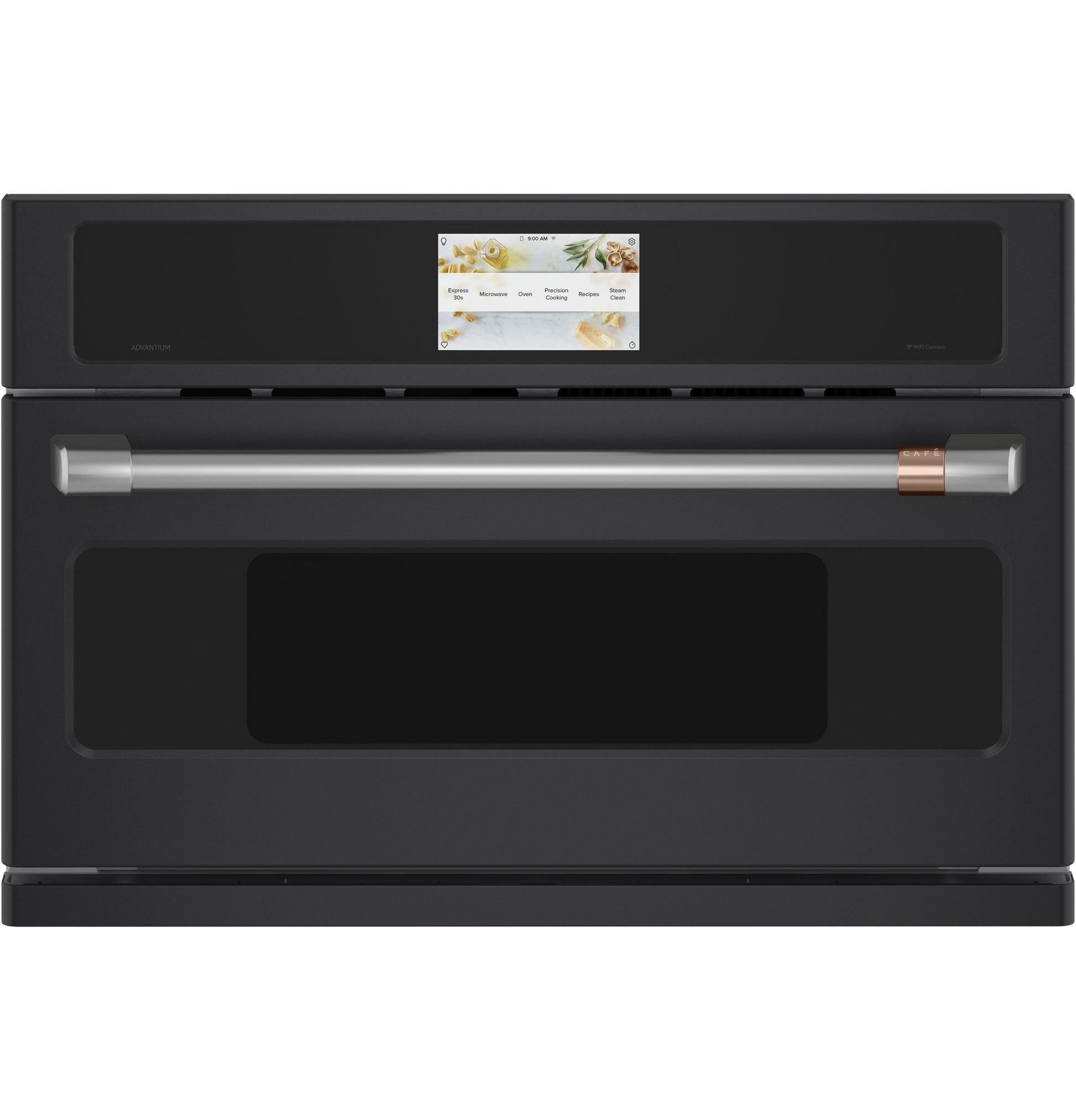 Black single wall oven with touchscreen control panel and stainless steel handle in kitchen appliances collection