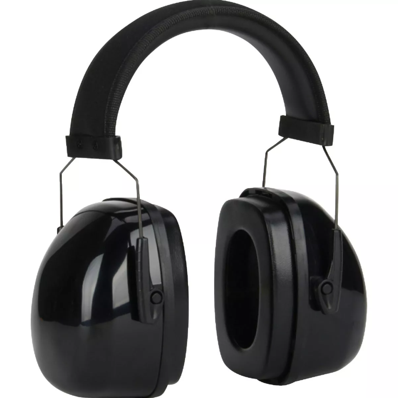 Black over-ear headband earmuffs with cushioned padding for hearing protection in safety and hardware use