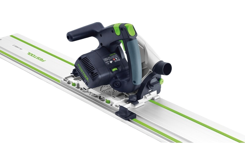 Festool power saw attached to a guide rail for precise woodworking cuts in tool accessories collection