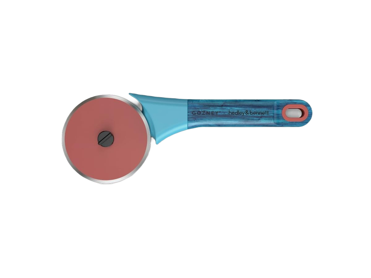 Limited edition pizza cutter with blue wooden handle and stainless steel wheel for home cooking use