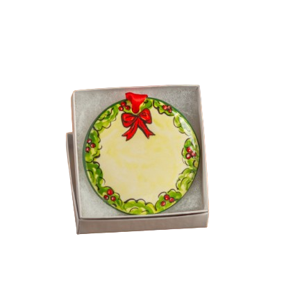 Hand-painted ceramic wreath ornament featuring green holly leaves and red bow for Christmas Ornaments & Tree Decorations under $50 collection