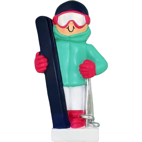 Female skier decoration in teal jacket holding black skis and poles from Christmas Ornaments & Tree Decorations collection under $50