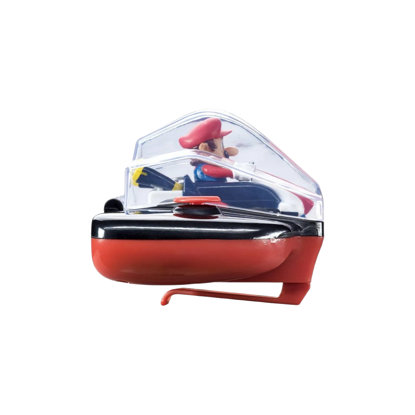 Mini racing vehicle with clear canopy and character in red hat driving a blue and red remote control kart