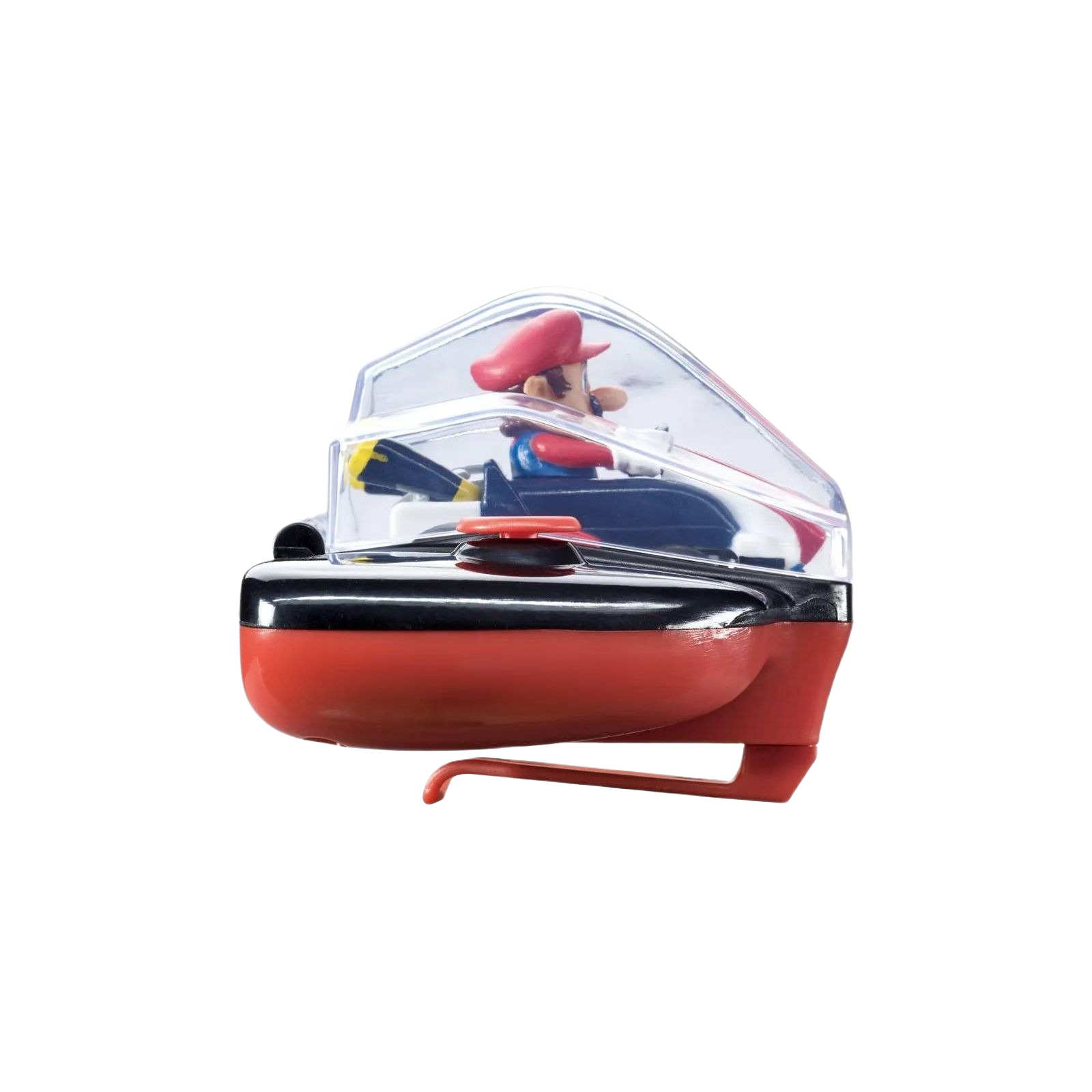 Mini racing vehicle with clear canopy and character in red hat driving a blue and red remote control kart