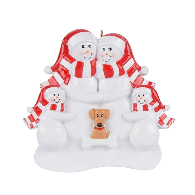 Snowman family of four wearing red and white scarves and hats hugging a tan dog, festive Christmas decoration under $50