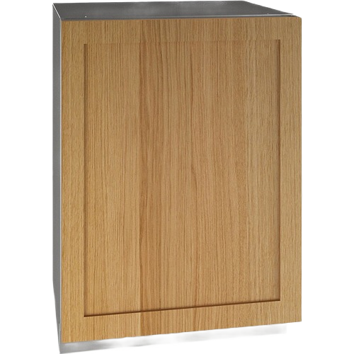 Built-in beverage center with reversible hinge and integrated wood panel door for kitchen appliance collections