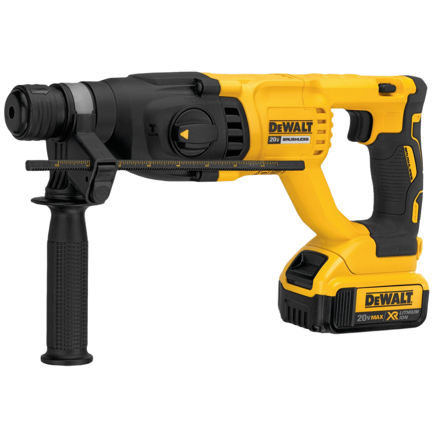 Yellow and black cordless rotary hammer with D-handle and adjustable side handle for tools and home improvement tasks