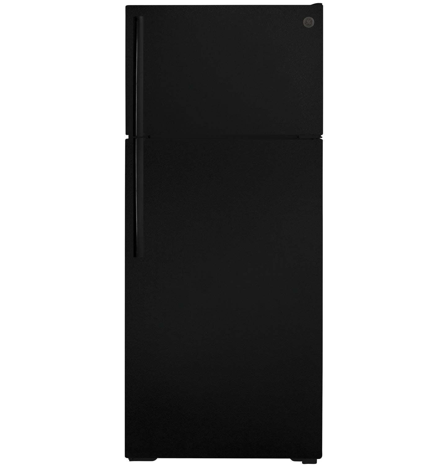 Black top-freezer refrigerator with simple handles designed for kitchen and home improvement appliance collections