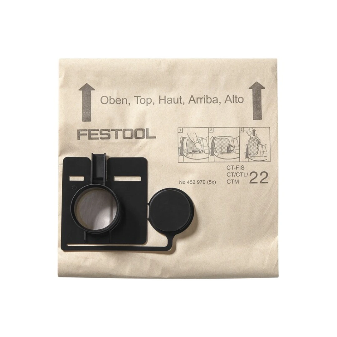 Set of 5 replaceable paper dust filter bags compatible with Festool CT 22 dust extractors for woodworking tools