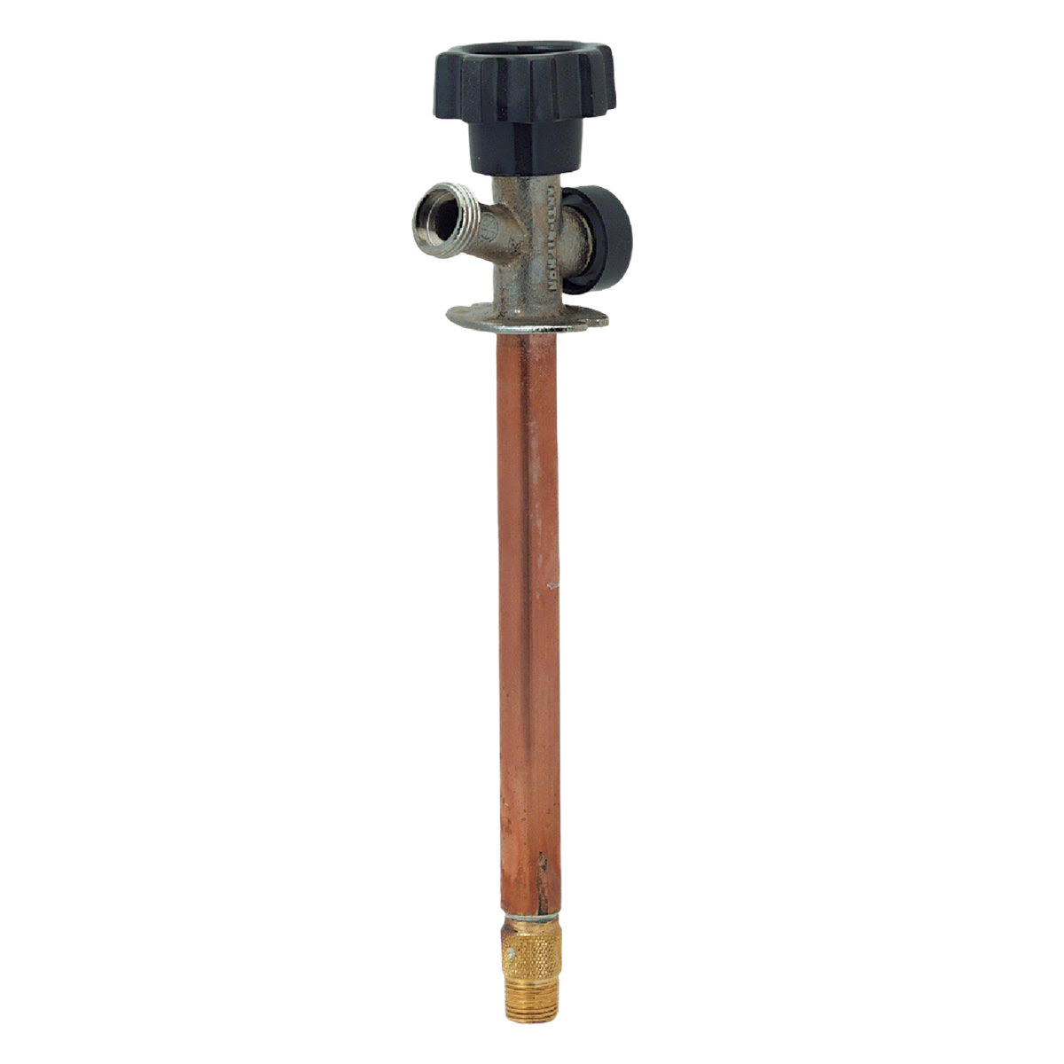 Copper pipe wall hydrant with black plastic handle and brass fittings for home improvement projects