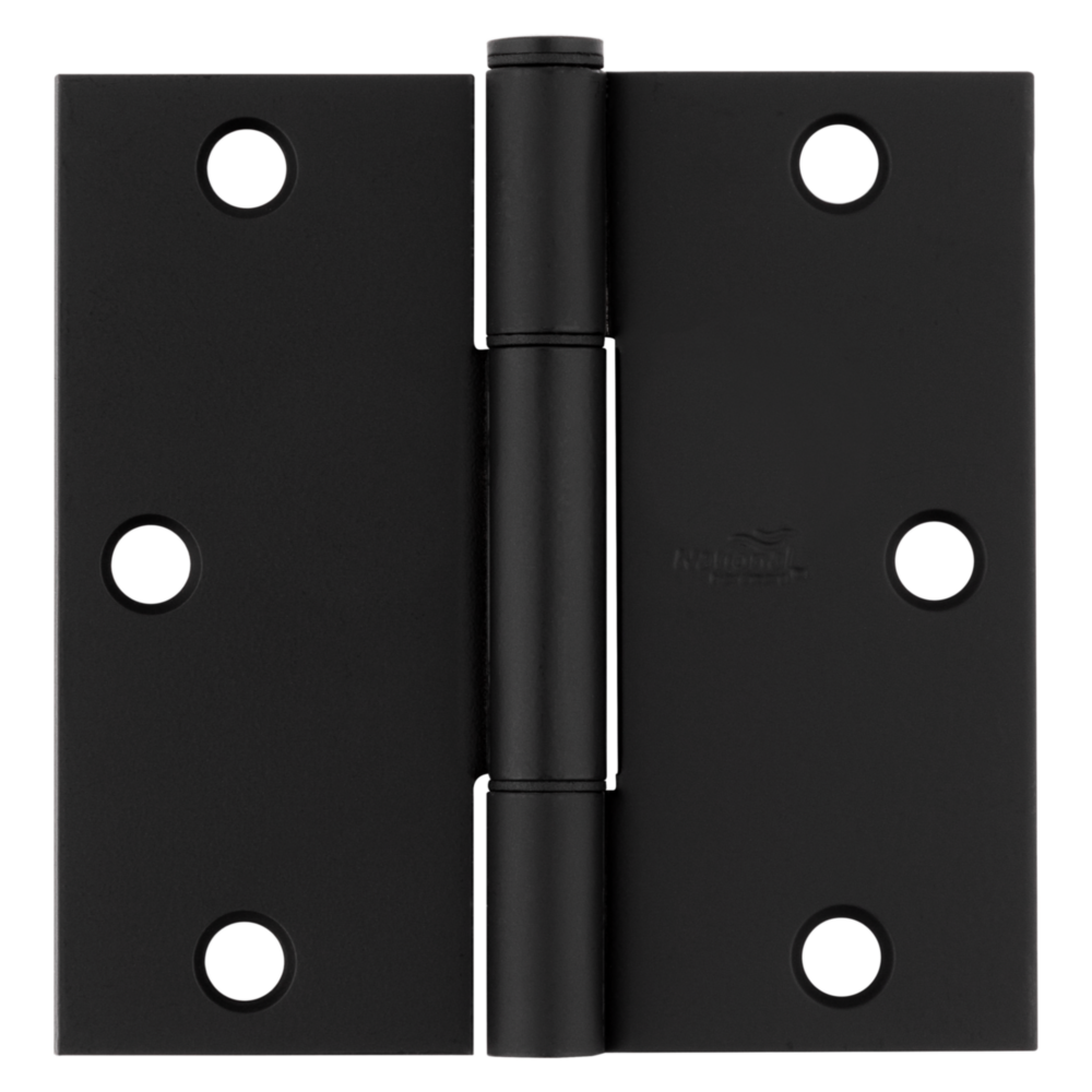 Matte black hinge with square corners and six mounting holes for smooth door movement in home improvement hardware collection