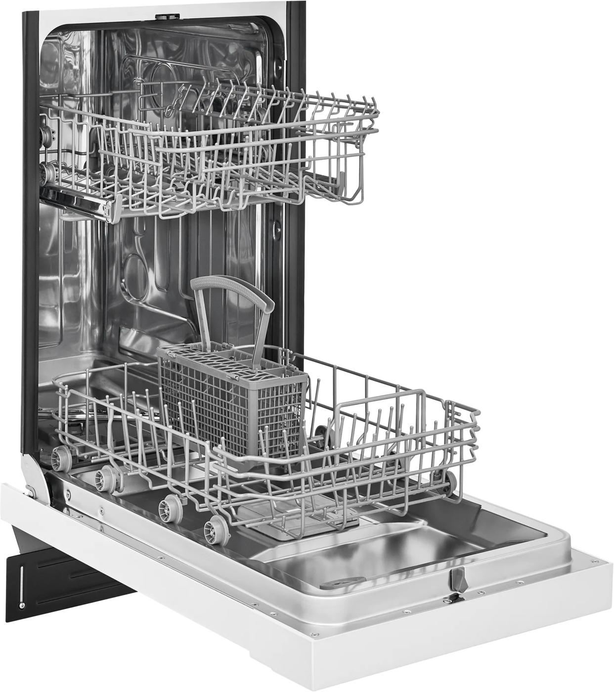 Open stainless steel dishwasher interior with two adjustable racks and utensil basket from kitchen appliances collection